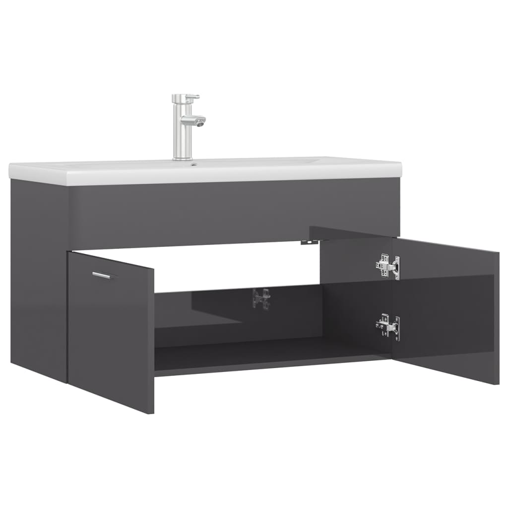 Sink Cabinet with Built-in Basin High Gloss Grey Engineered Wood