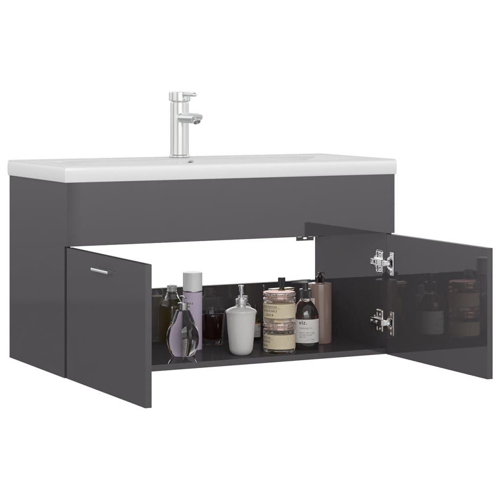 Sink Cabinet with Built-in Basin High Gloss Grey Engineered Wood