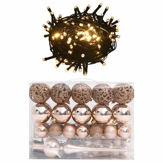 60 Piece Christmas Ball Set with Peak and 150 LEDs Rose Gold