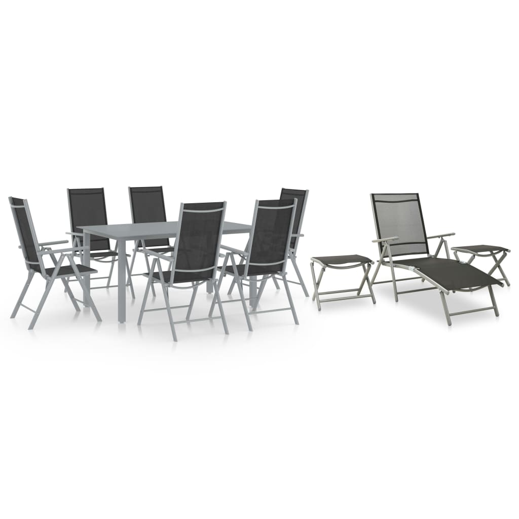 Dining Set | Black, Silver, Light Grey | Aluminium, Textilene, Glass