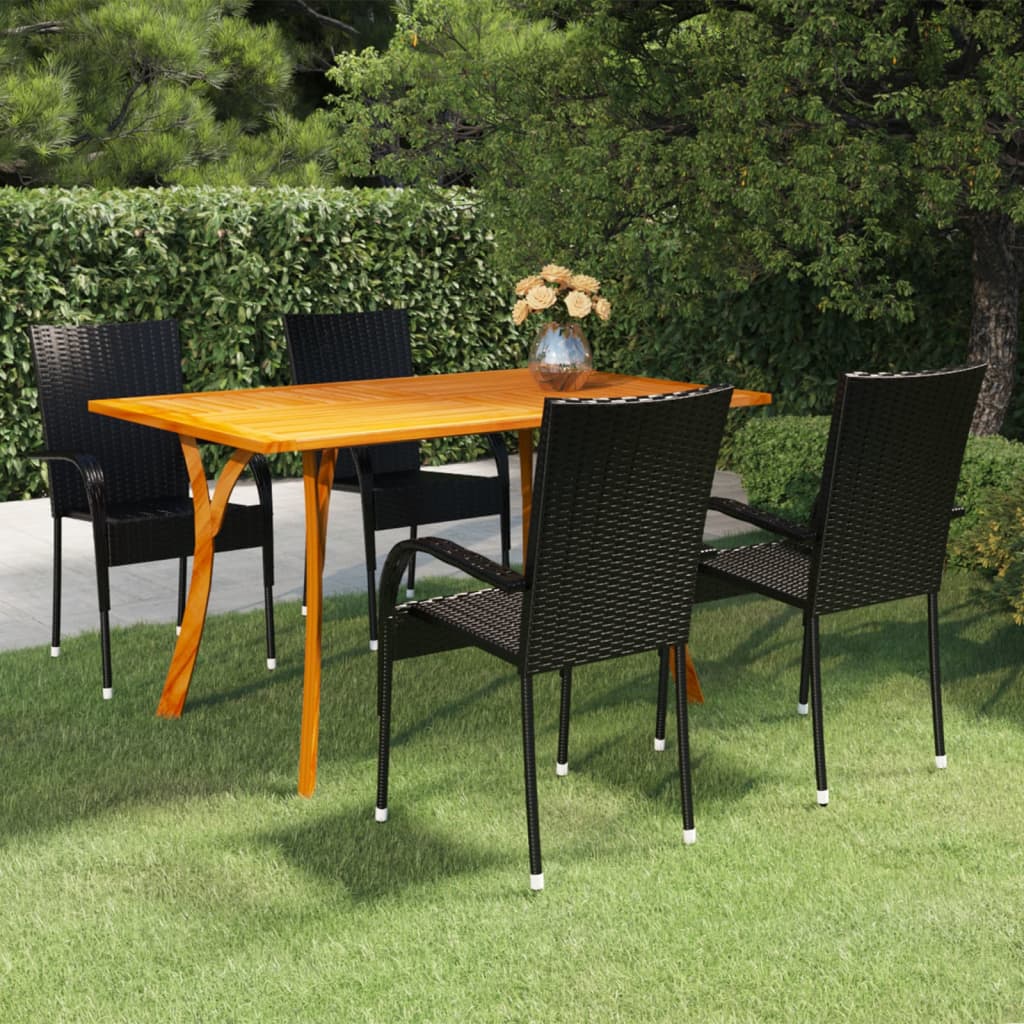 Dining Set | Black | Solid acacia wood | 5 Piece Set | Stackable