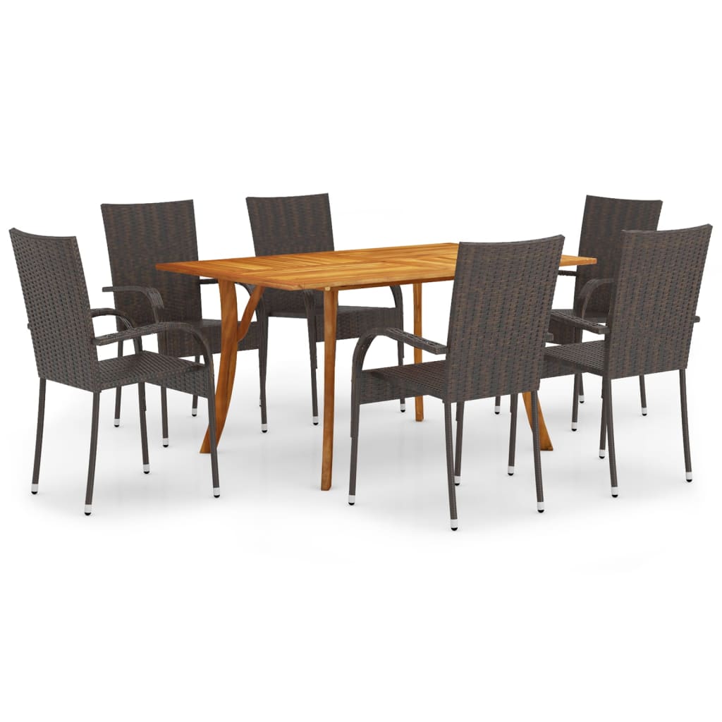 Dining Set | Brown | Solid acacia wood, PE rattan, Powder-coated steel