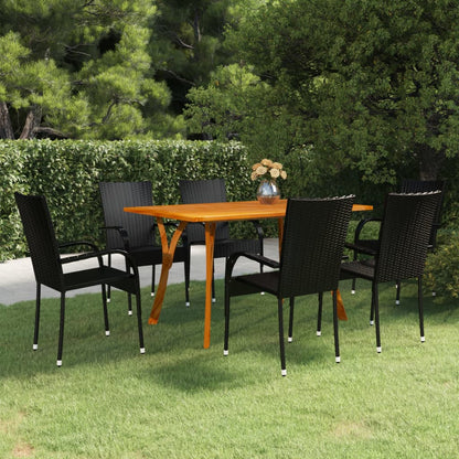 Dining Set | Black | Solid Acacia Wood, PE Rattan | 7 Piece | Stackable