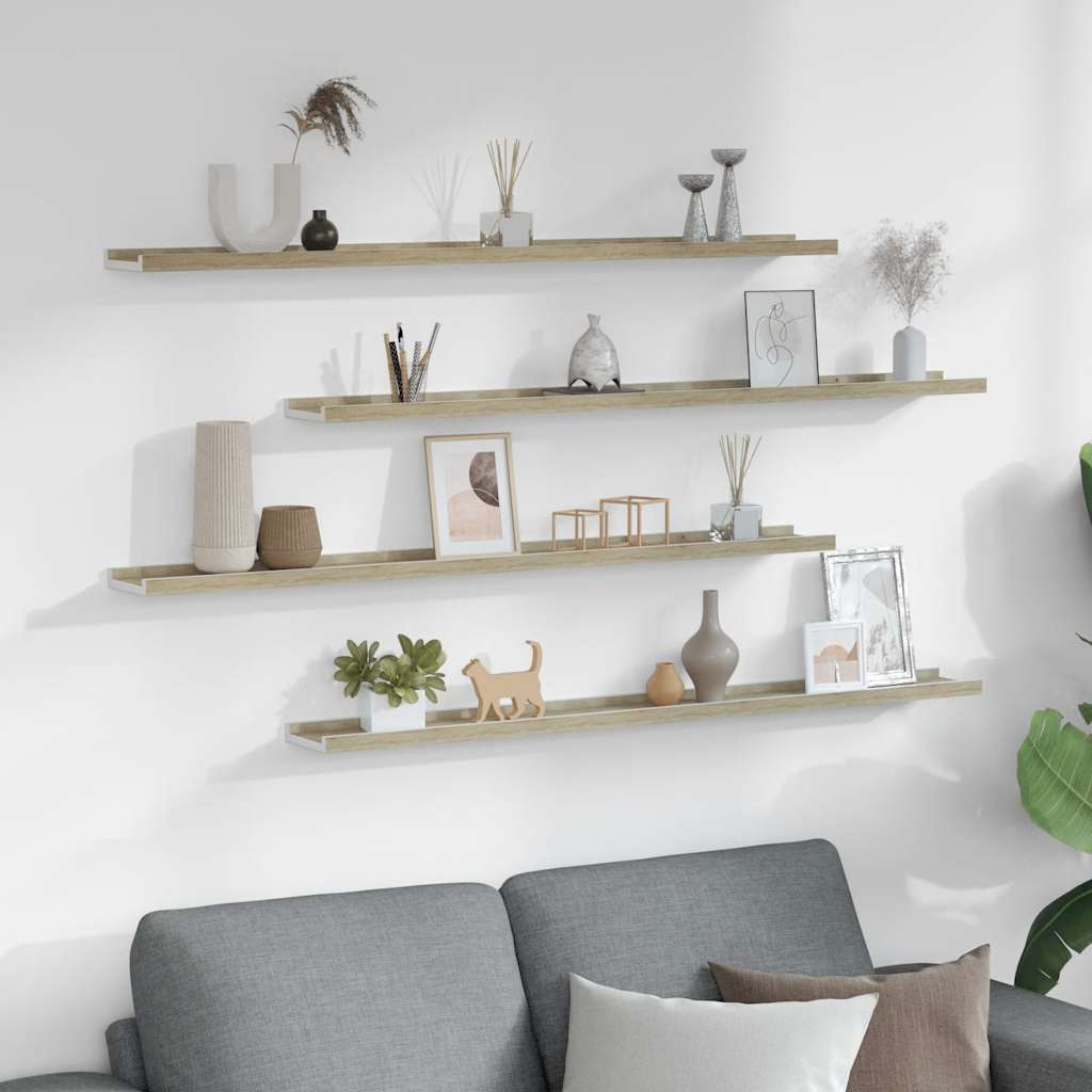 Wall Shelves 4 pcs White and Sonoma Oak 100x9x3 cm