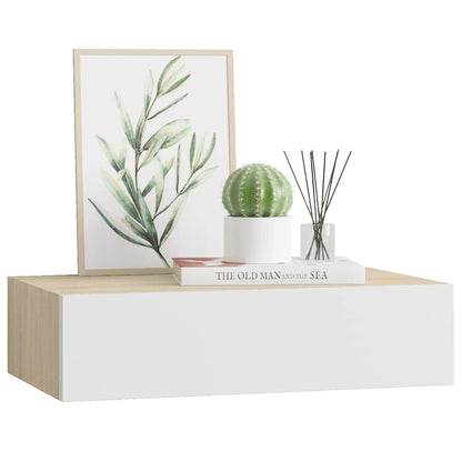 Wall-mounted Drawer Shelf Oak and White 40x23.5x10cm MDF