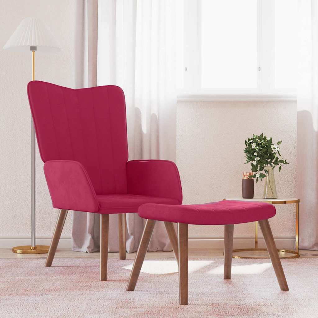 Relaxing Chair with a Stool Wine Red Velvet