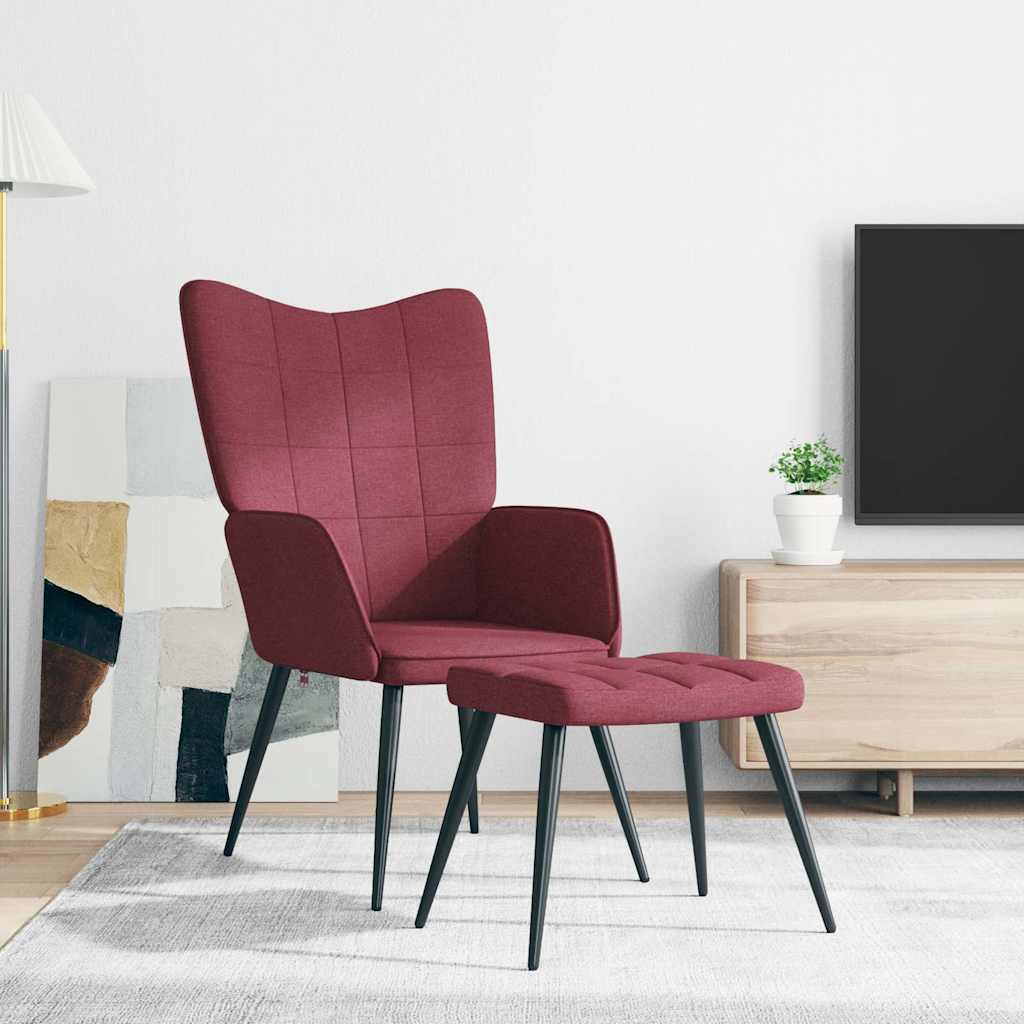 Relaxing Chair with a Stool Wine Red Fabric