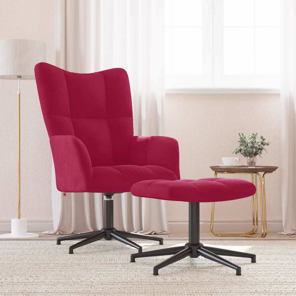 Relaxing Chair with a Stool Wine Red Velvet