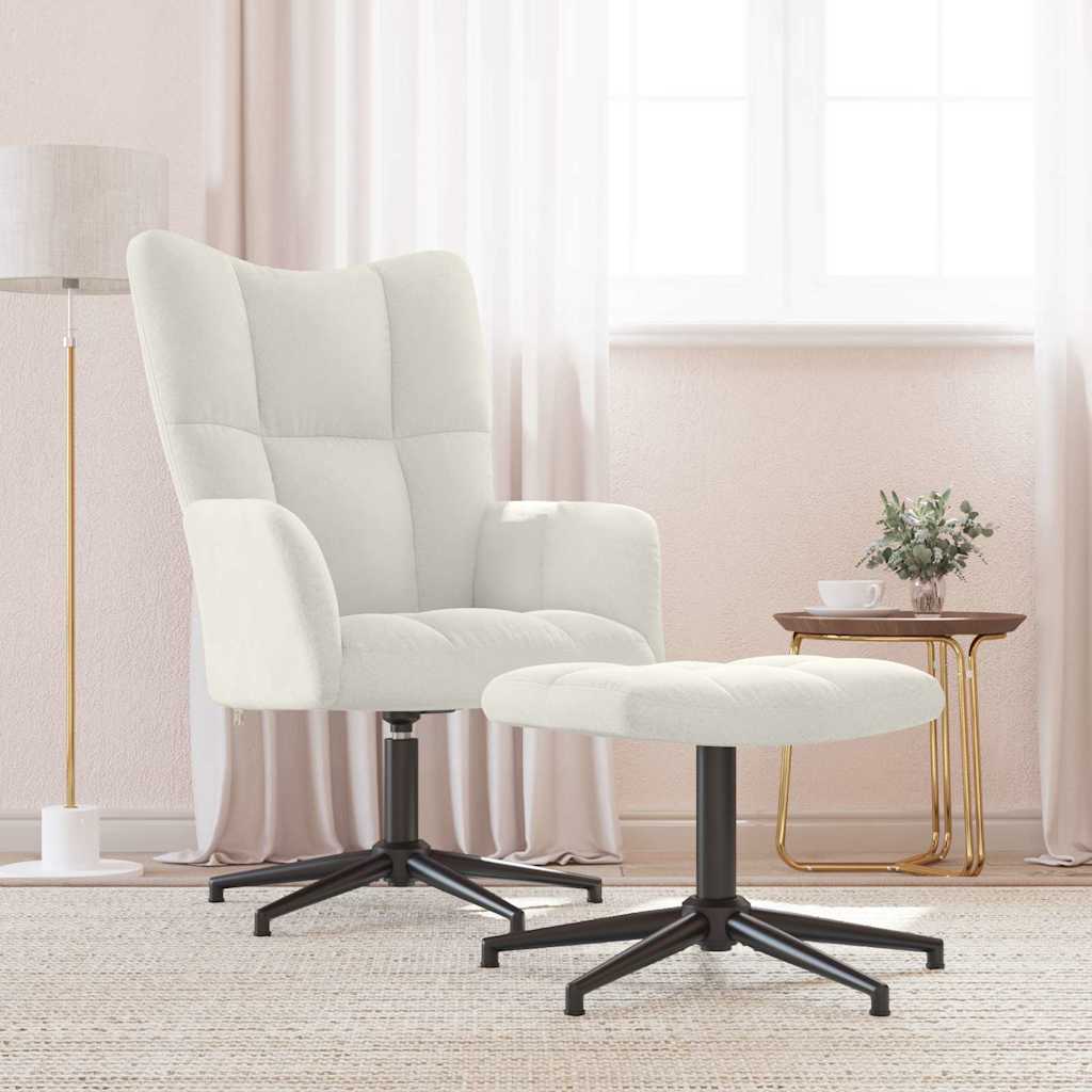 Relaxing Chair with a Stool Cream White Velvet
