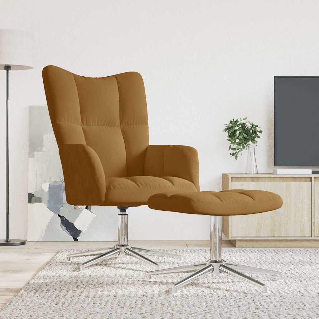 Relaxing Chair with a Stool Brown Velvet