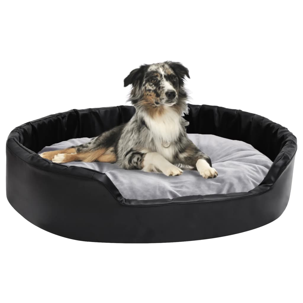 Dog Bed | Black and Grey | Faux leather, plush, PP cotton, foam
