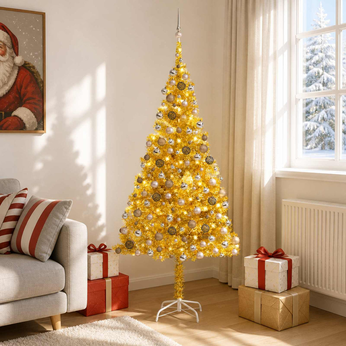 Artificial Pre-lit Christmas Tree with Ball Set Gold 210 cm PET
