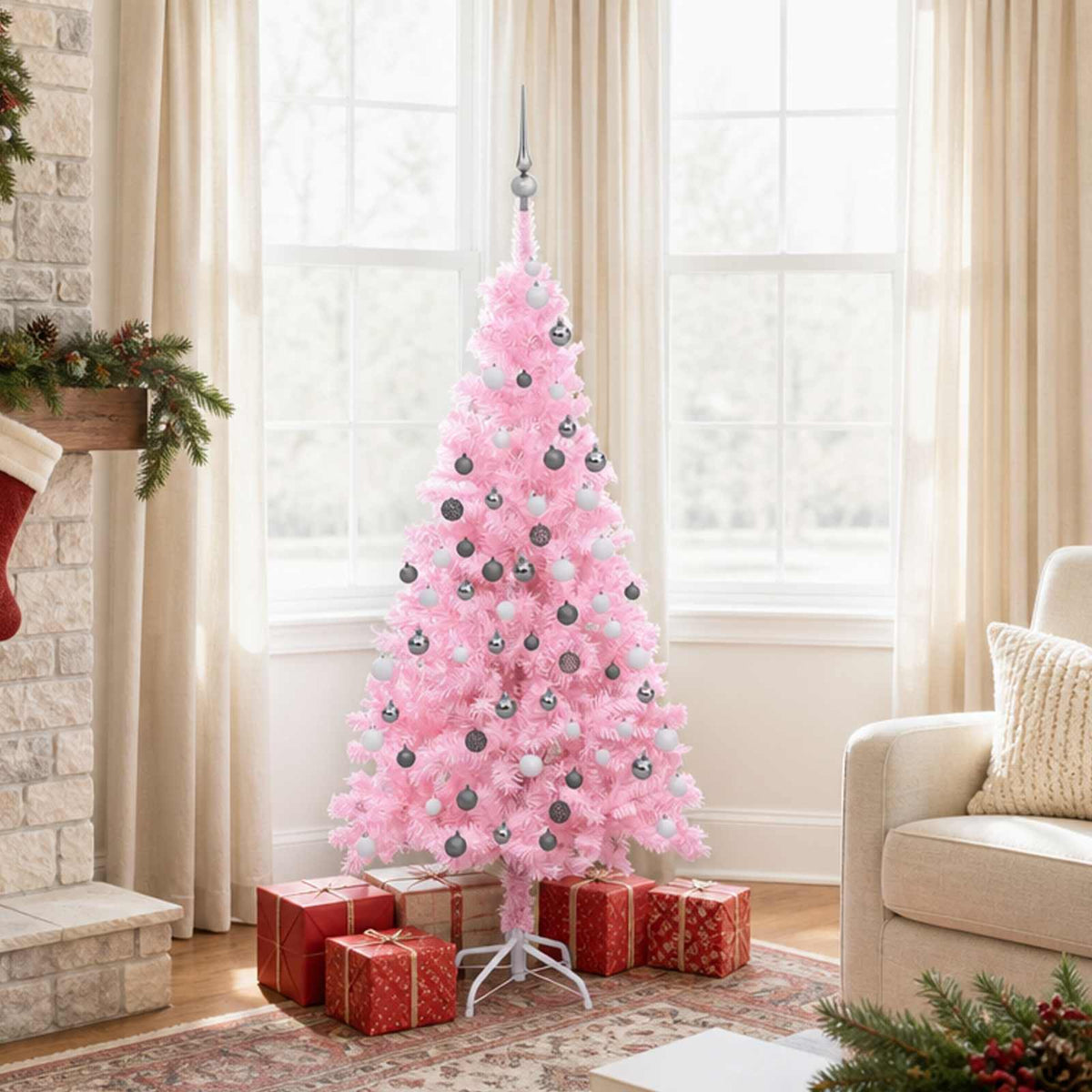 Artificial Pre-lit Christmas Tree with Ball Set Pink 150 cm PVC