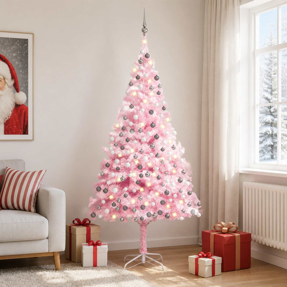 Artificial Pre-lit Christmas Tree with Ball Set Pink 210 cm PVC