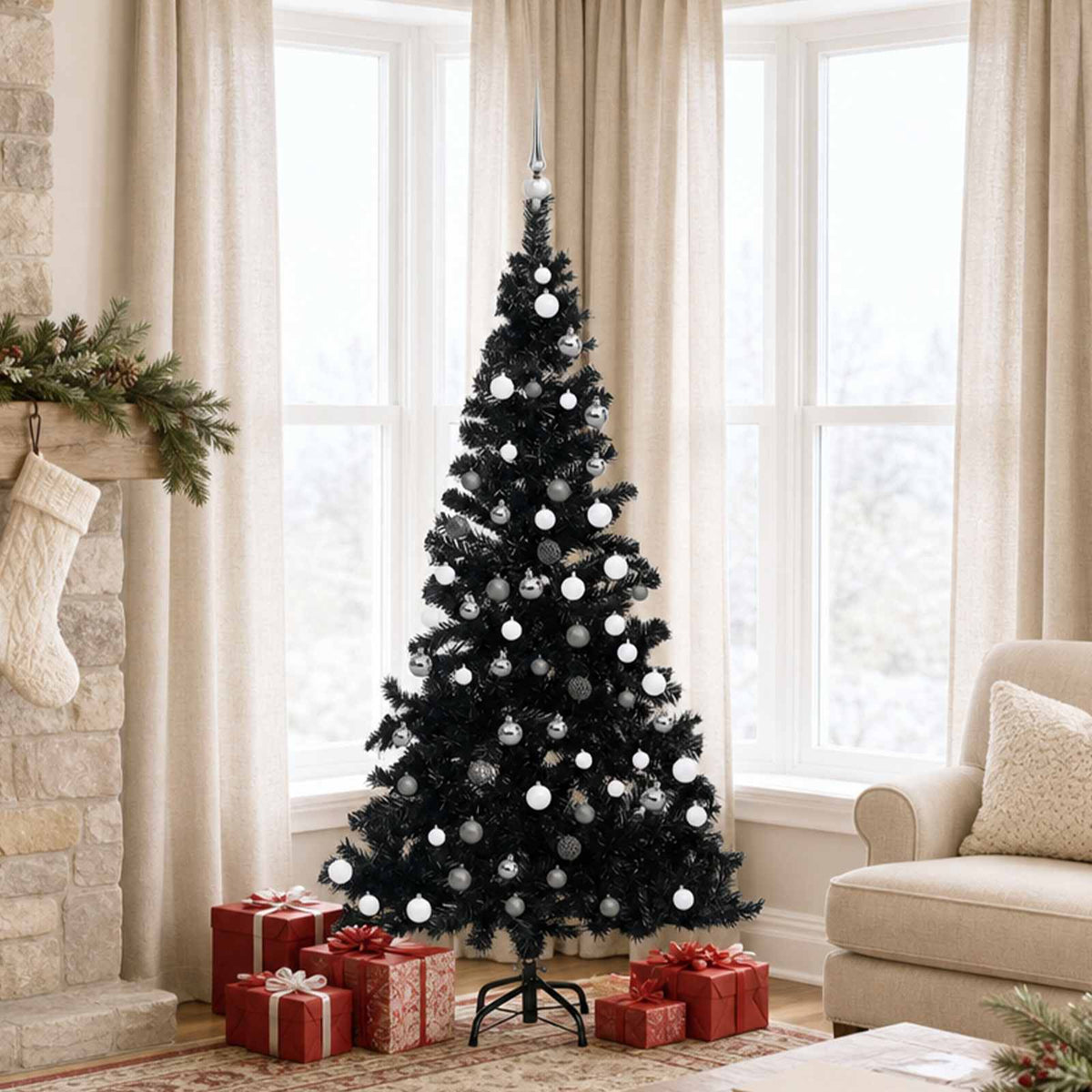 Artificial Pre-lit Christmas Tree with Ball Set Black 150 cm PVC