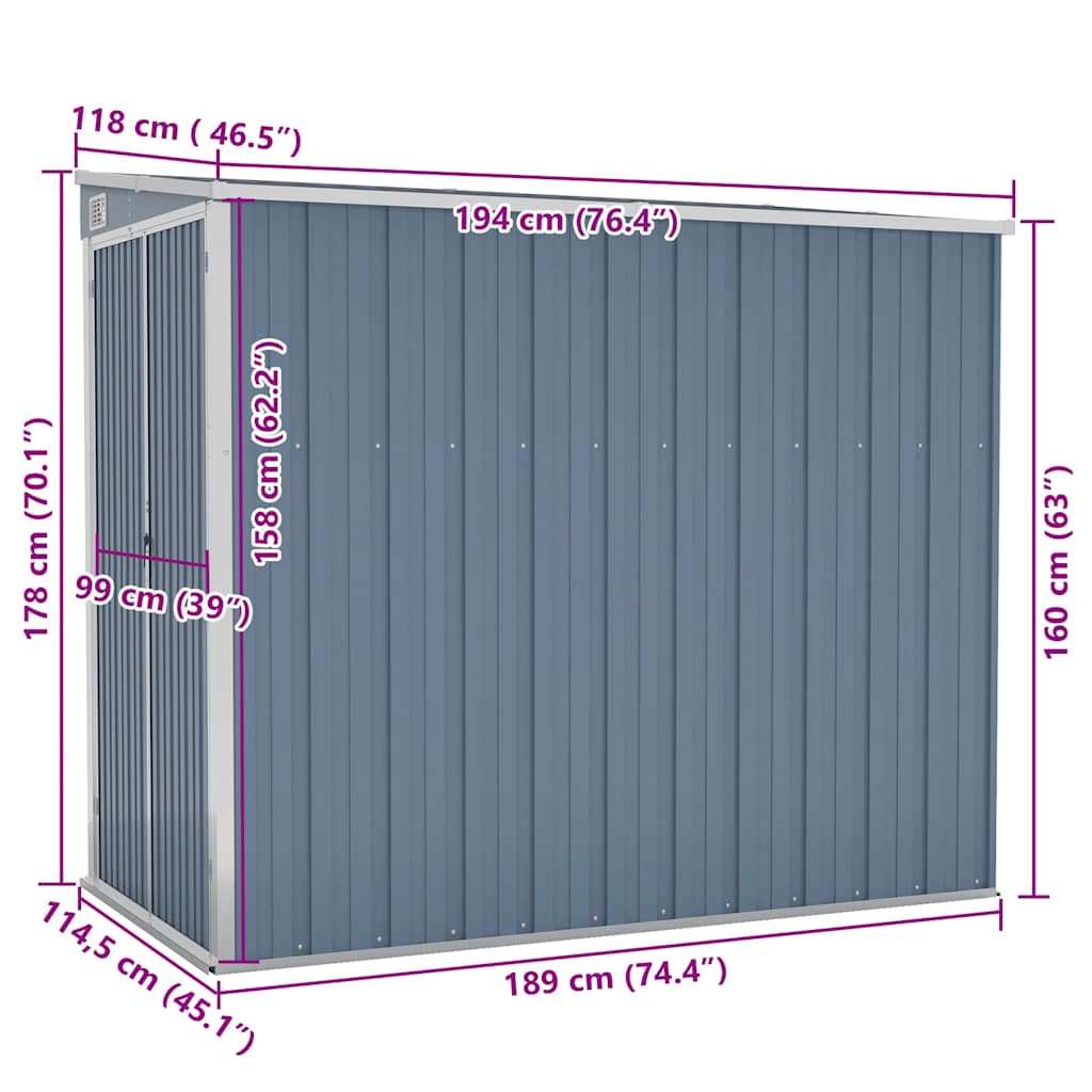Wall-mounted Garden Shed Grey 118x194x178 cm Galvanised Steel
