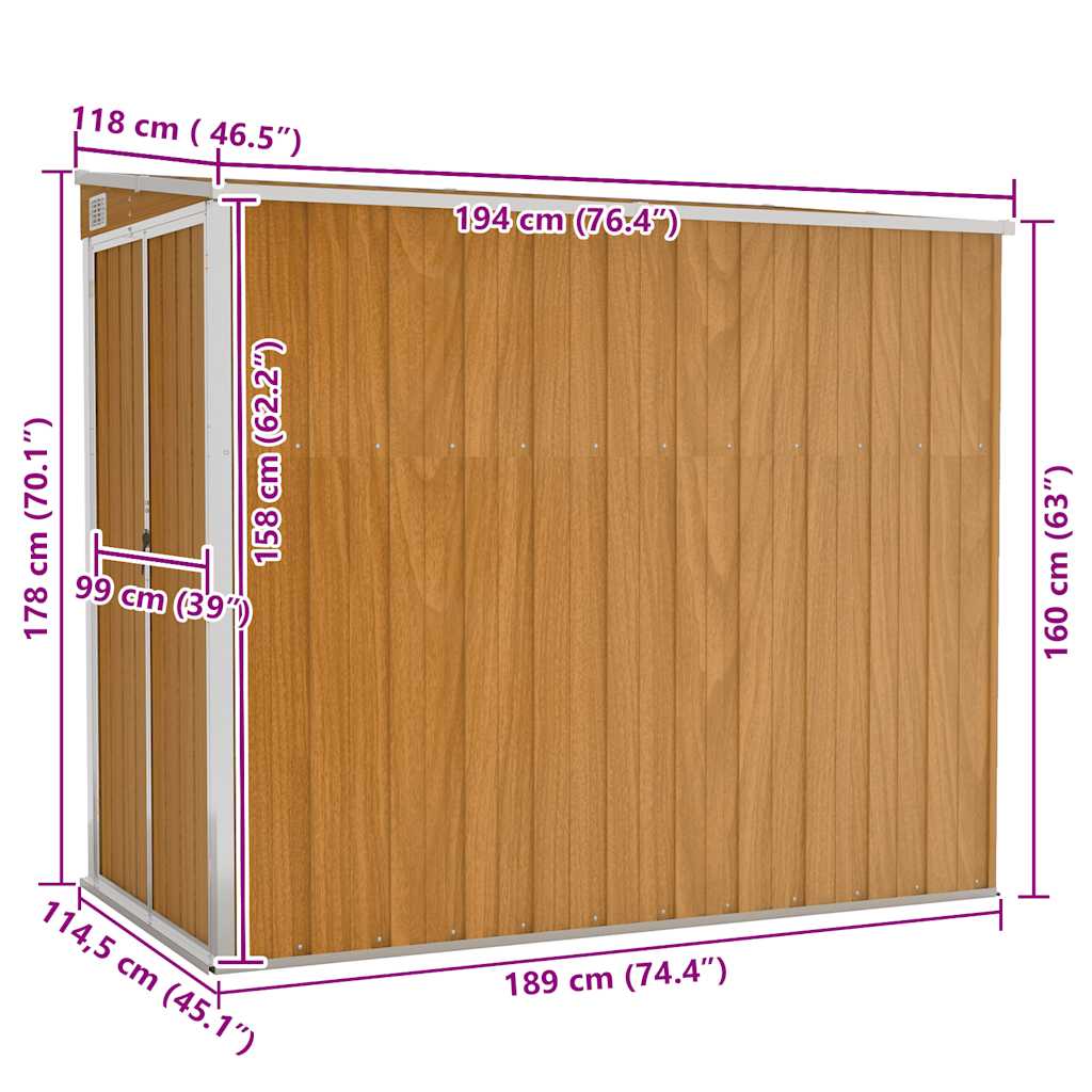 Wall-mounted Garden Shed Brown 118x194x178 cm Galvanised Steel