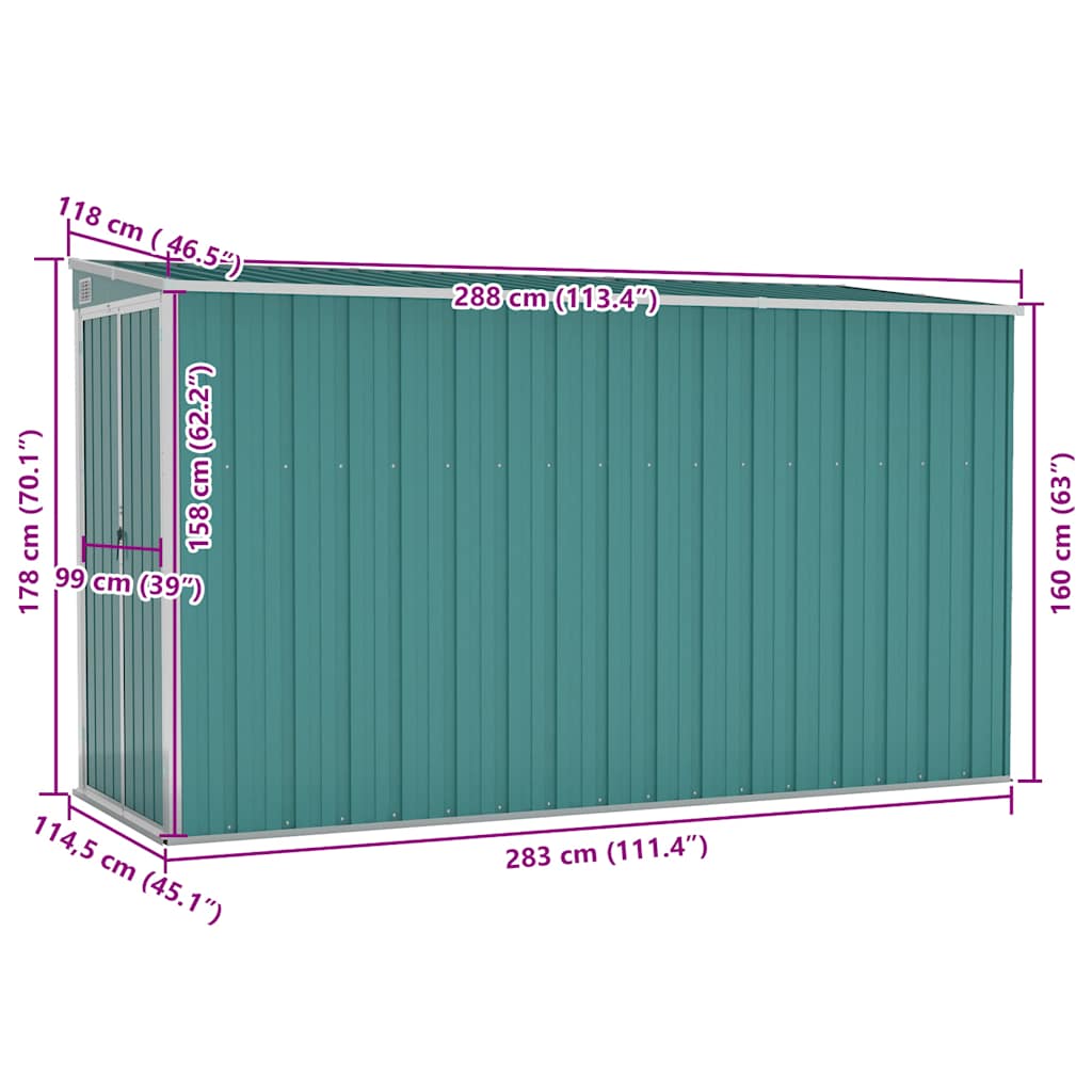 Wall-mounted Garden Shed Green 118x288x178 cm Galvanised Steel