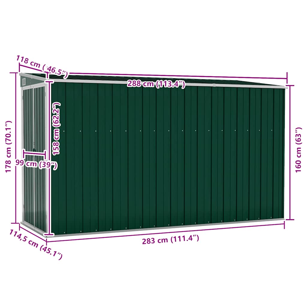 Wall-mounted Garden Shed Green 118x288x178 cm Galvanised Steel