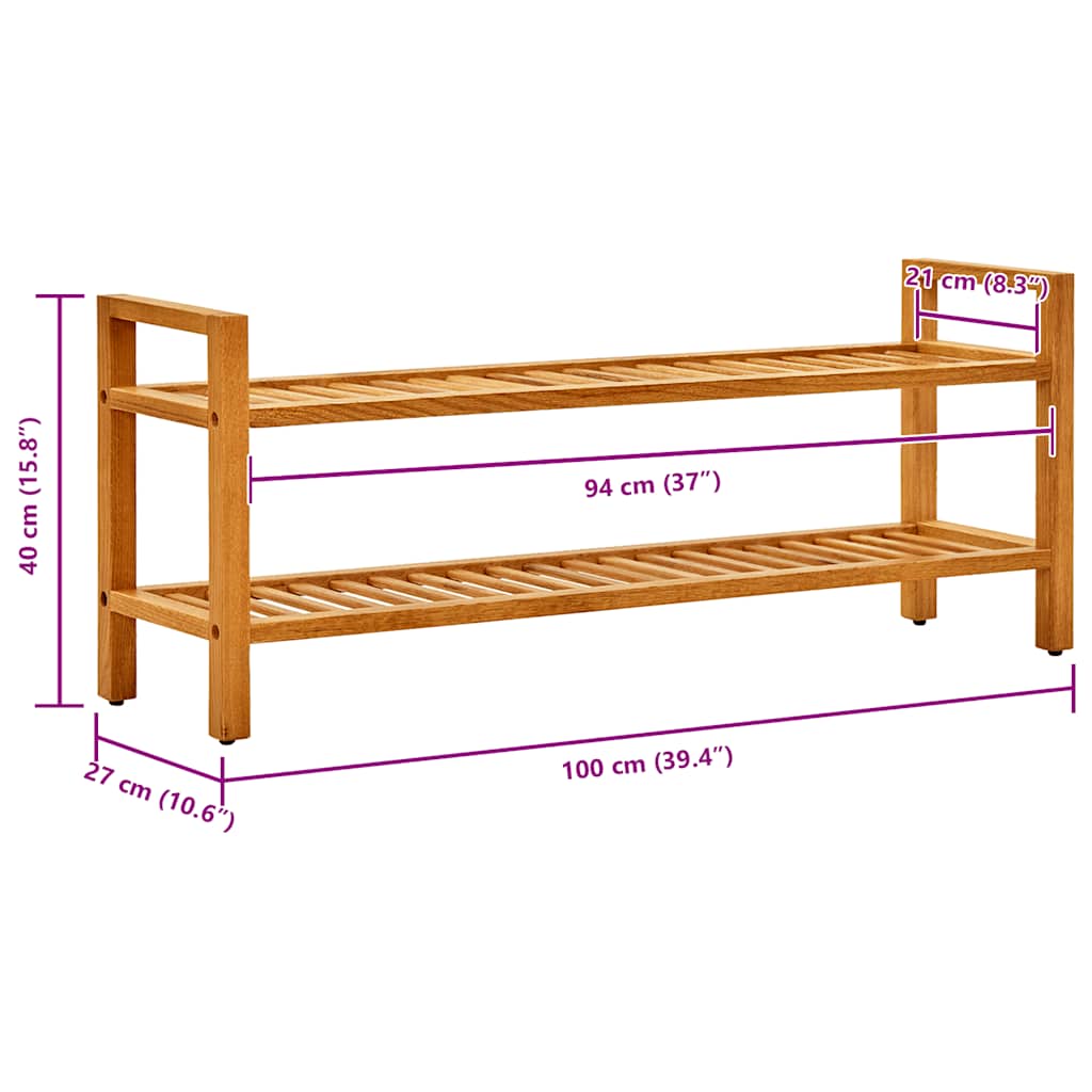 Shoe Rack with 2 Shelves 100x27x40 cm Solid Oak Wood