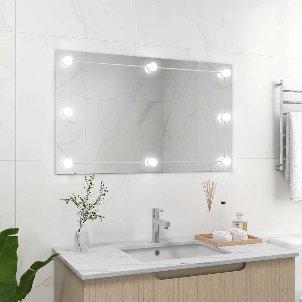 Wall Frameless Mirror with LED Lights Rectangular Glass