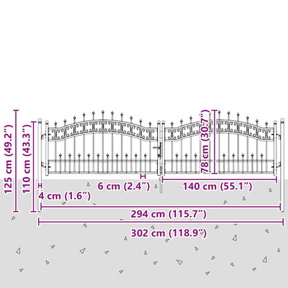 Fence Gate KAMPEN with Spear Top Black 302x78 cm Steel