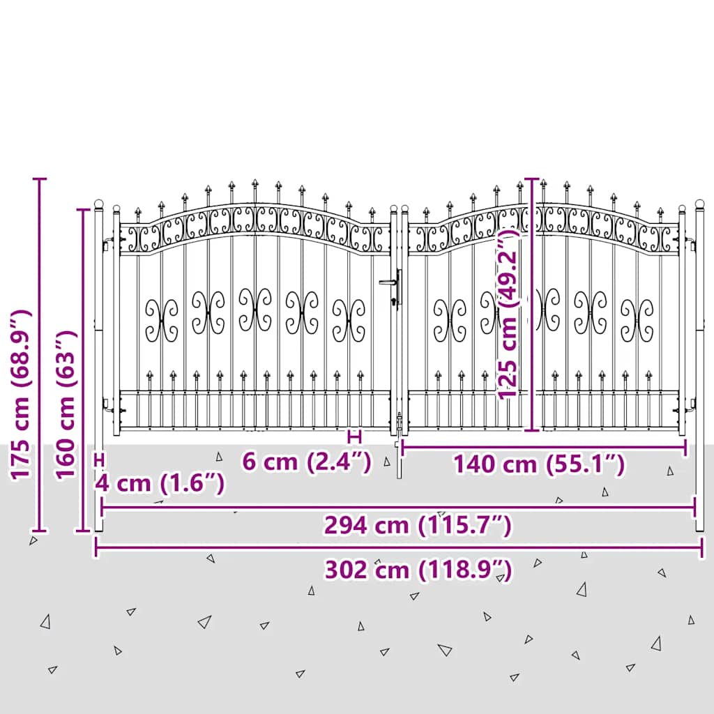 Fence Gate KAMPEN with Spear Top Black 302x125 cm Steel