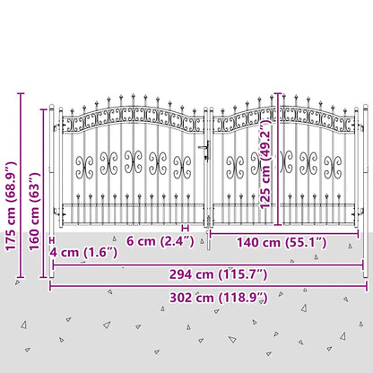 Fence Gate KAMPEN with Spear Top Black 302x125 cm Steel