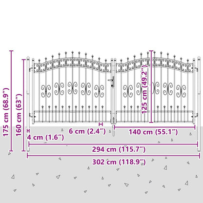 Fence Gate "KAMPEN" with Spear Top Black 302x125 cm Steel