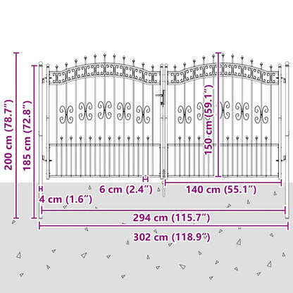 Fence Gate KAMPEN with Spear Top Black 302x150 cm Steel