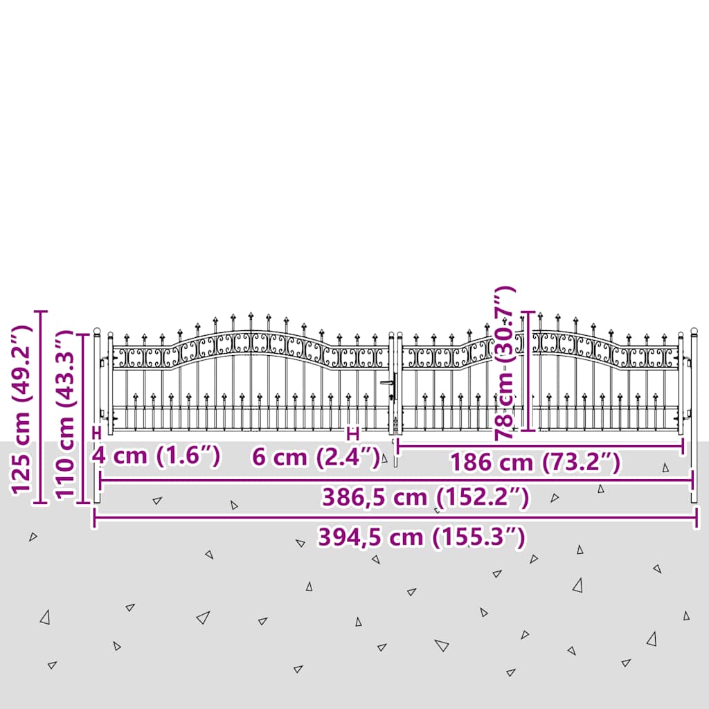 Fence Gate KAMPEN with Spear Top Black 394.5x78 cm Steel