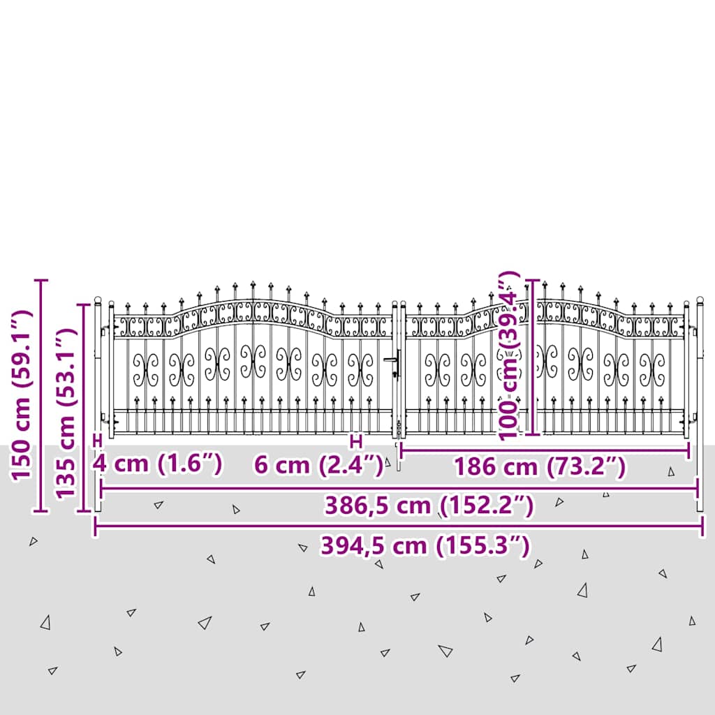 Fence Gate "KAMPEN" with Spear Top Black 394,5x100 cm Steel