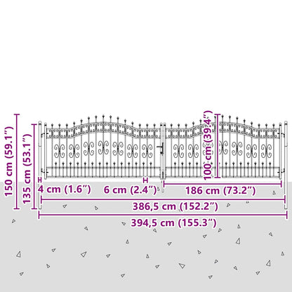 Fence Gate "KAMPEN" with Spear Top Black 394,5x100 cm Steel