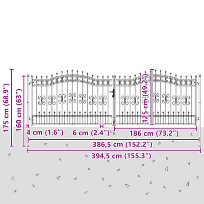Fence Gate with Spear Top Black 406x125 cm Powder-coated Steel