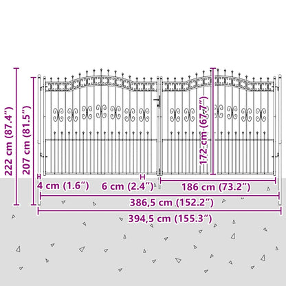 Fence Gate with Spear Top Black 406x175 cm Powder-coated Steel