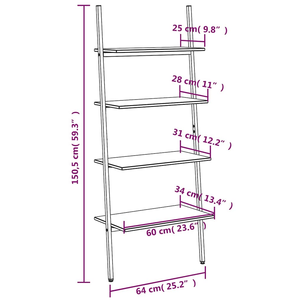 4-Tier Leaning Shelf Light Brown and Black 64x34x150,5 cm