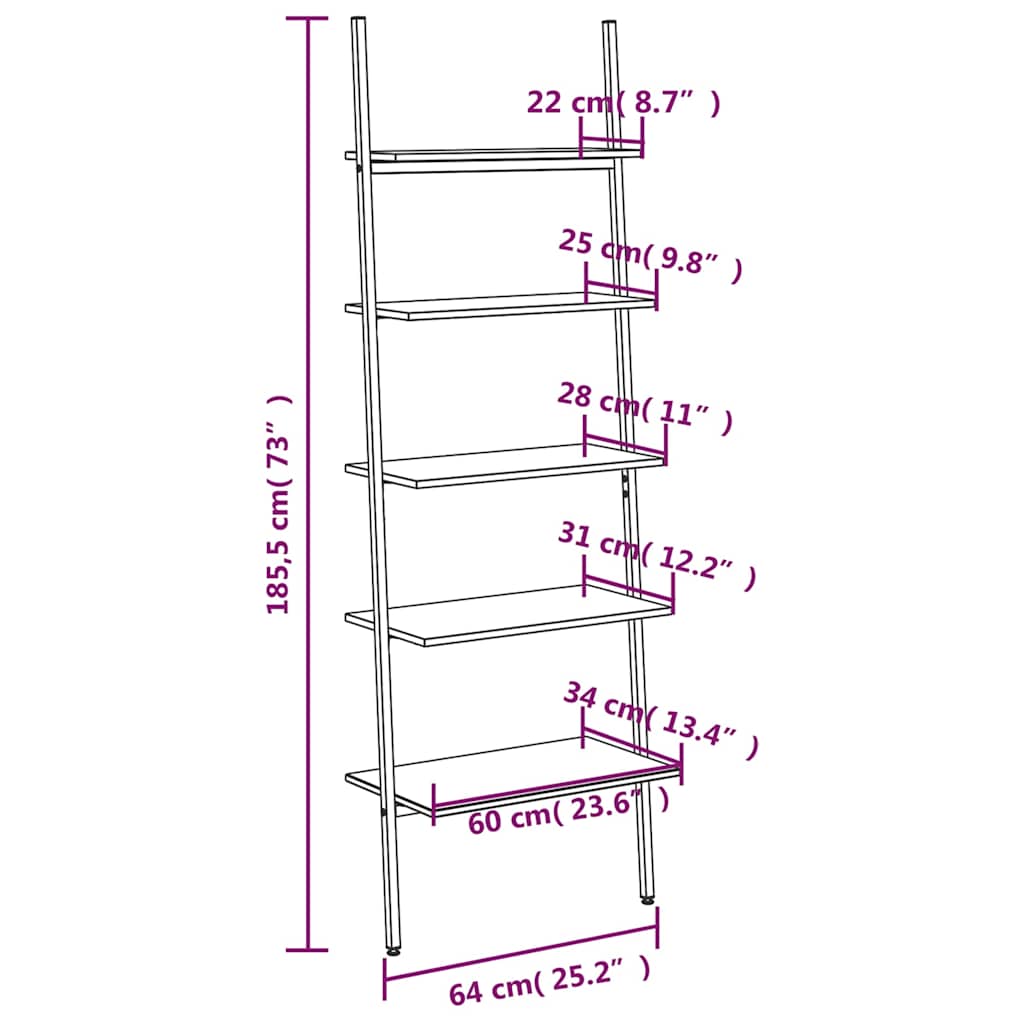 5-Tier Leaning Shelf Light Brown and Black 64x34x185,5 cm
