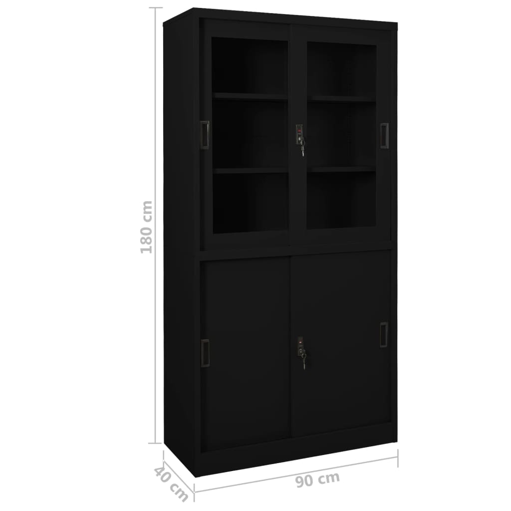 Office Cabinet | Black | Steel, tempered glass | 90 x 40 x 180 cm