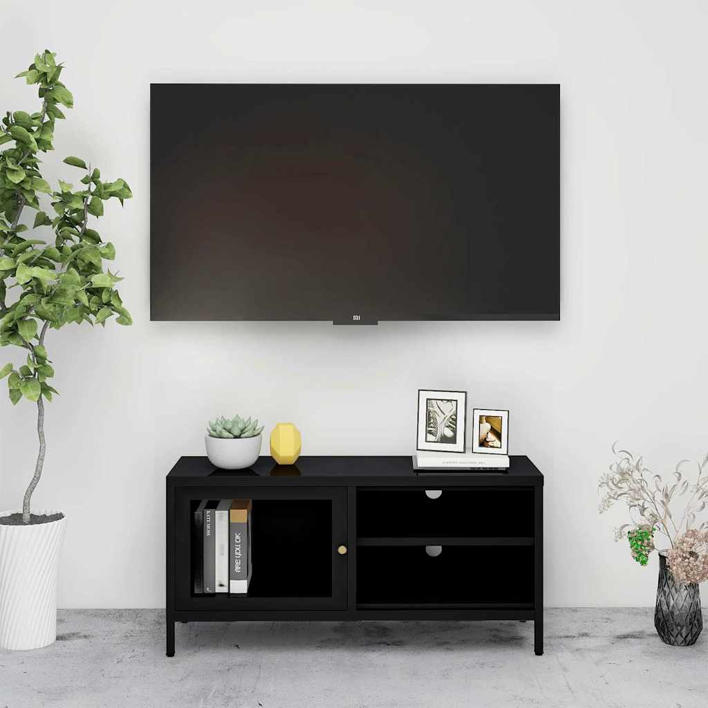336055 vidaXL TV Cabinet Black 90x30x44 cm Steel and Glass