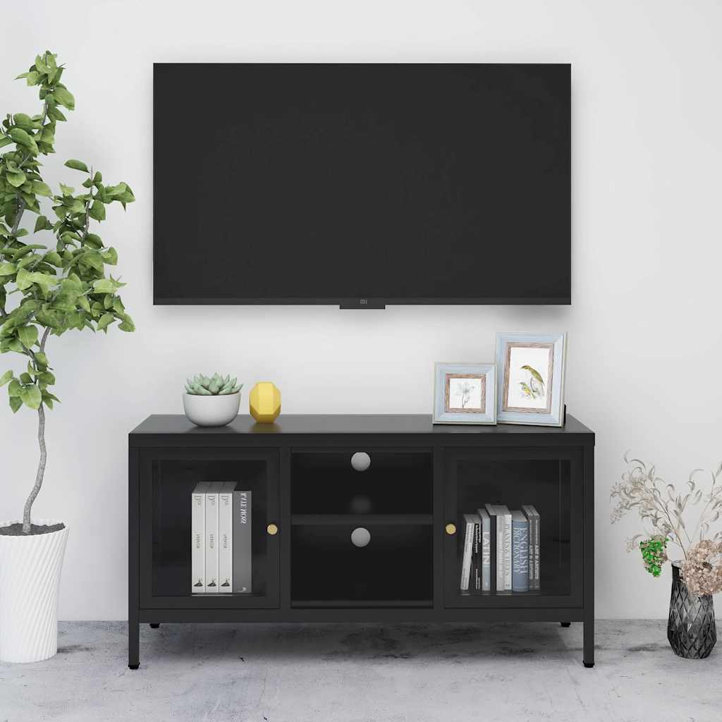336058 vidaXL TV Cabinet Black 105x35x52 cm Steel and Glass