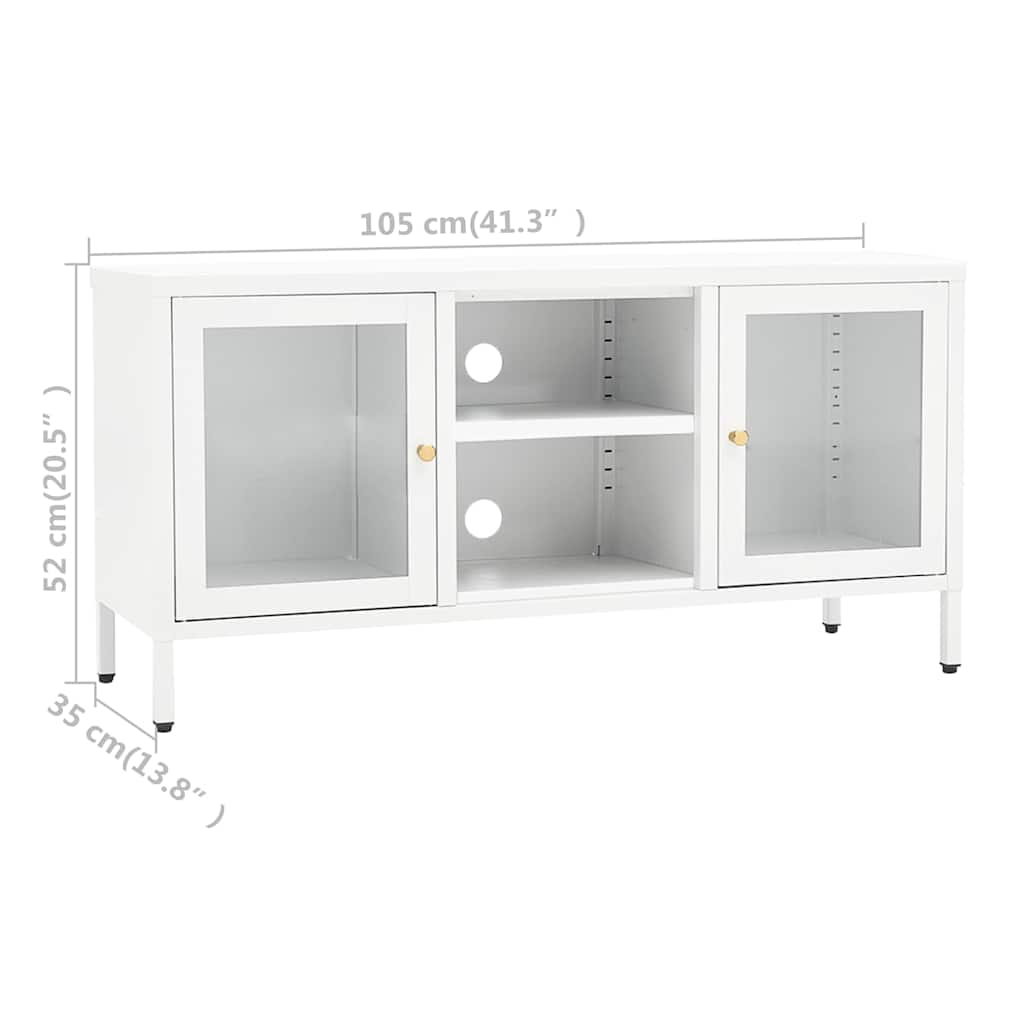 336059 vidaXL TV Cabinet White 105x35x52 cm Steel and Glass