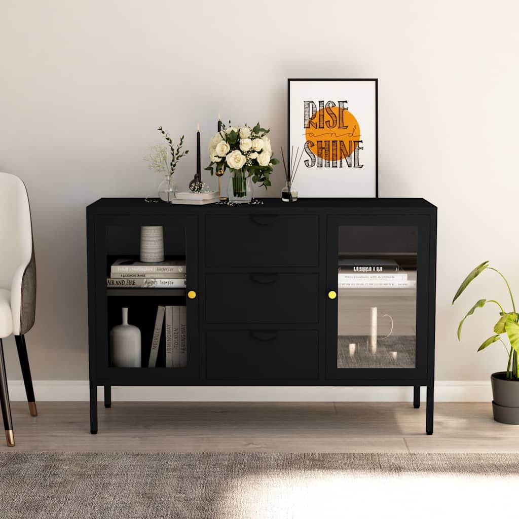 336076 vidaXL Sideboard Black 105x35x70 cm Steel and Tempered Glass