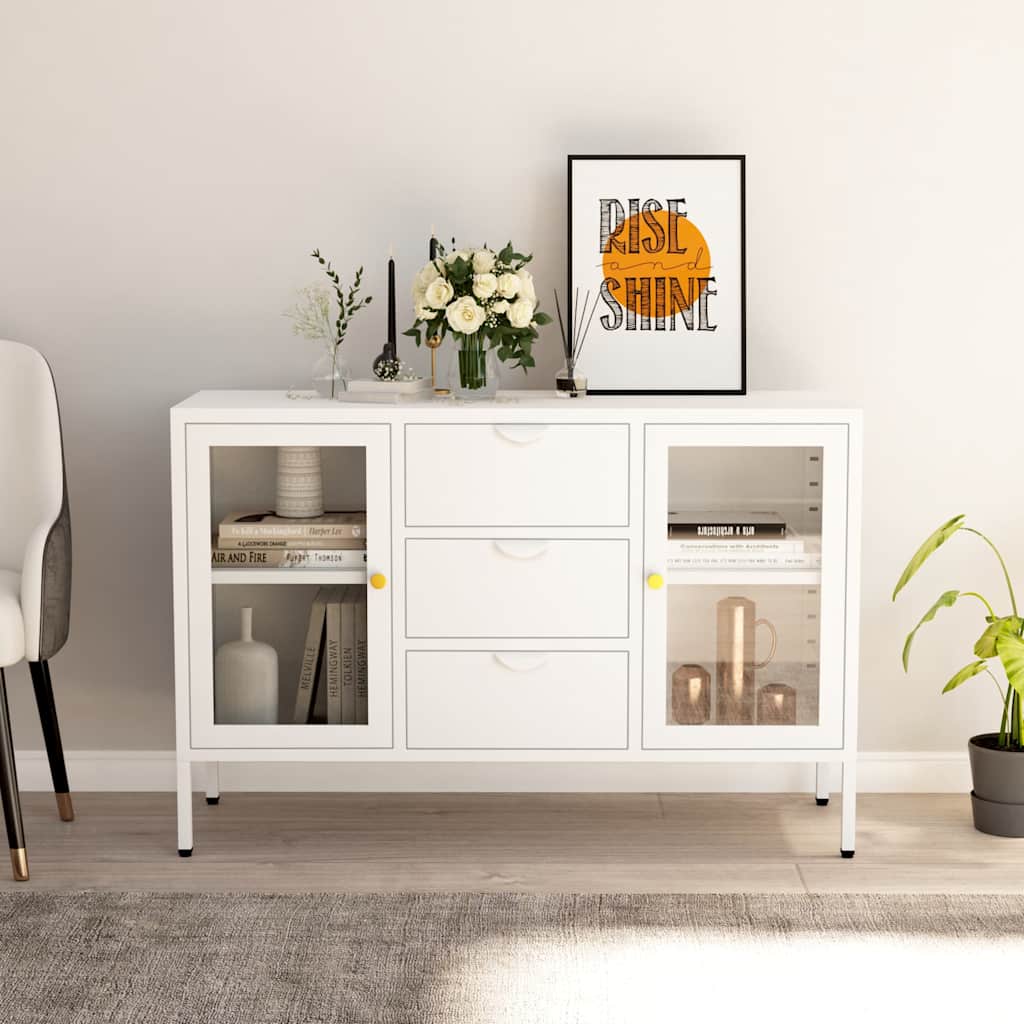 336077 vidaXL Sideboard White 105x35x70 cm Steel and Tempered Glass