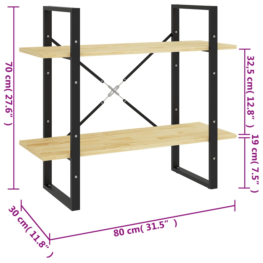 2-Tier Book Cabinet 80x30x70 cm Solid Pine Wood