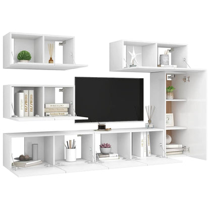 6 Piece TV Cabinet Set White Engineered Wood