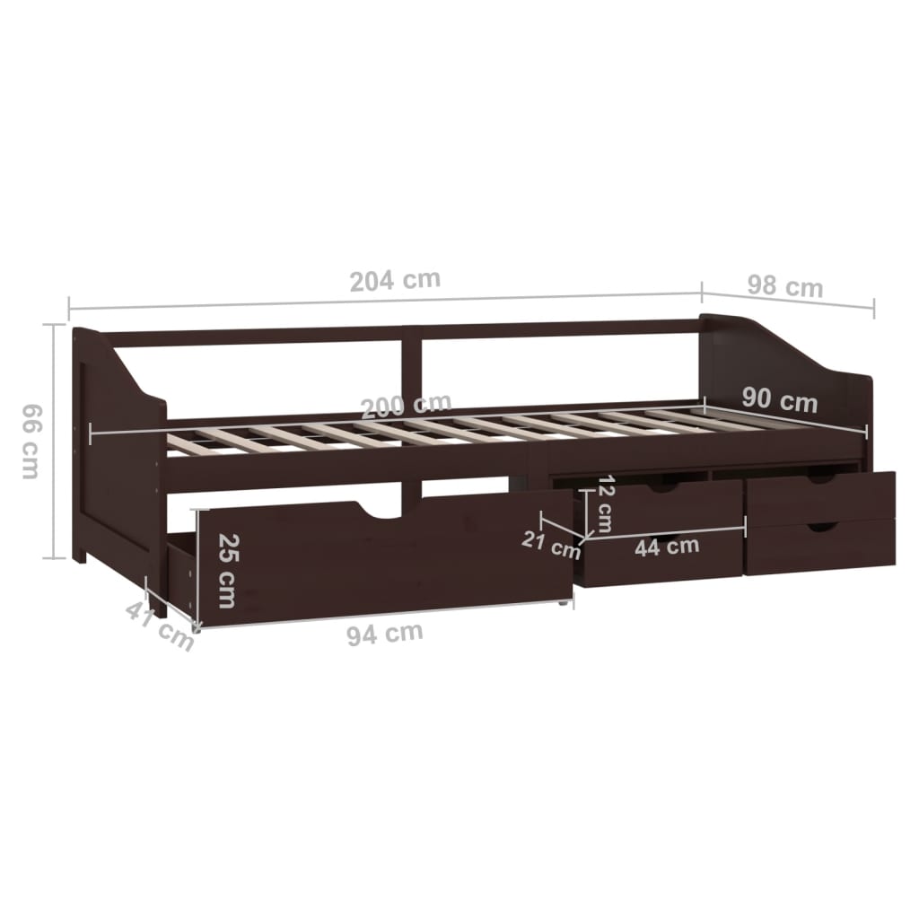 3-Seater Day Bed without Mattress Dark Brown Solid Pinewood 90x200cm