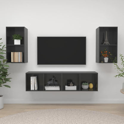 4 Piece Wall-mounted TV Cabinet Set High Gloss Grey Engineered Wood