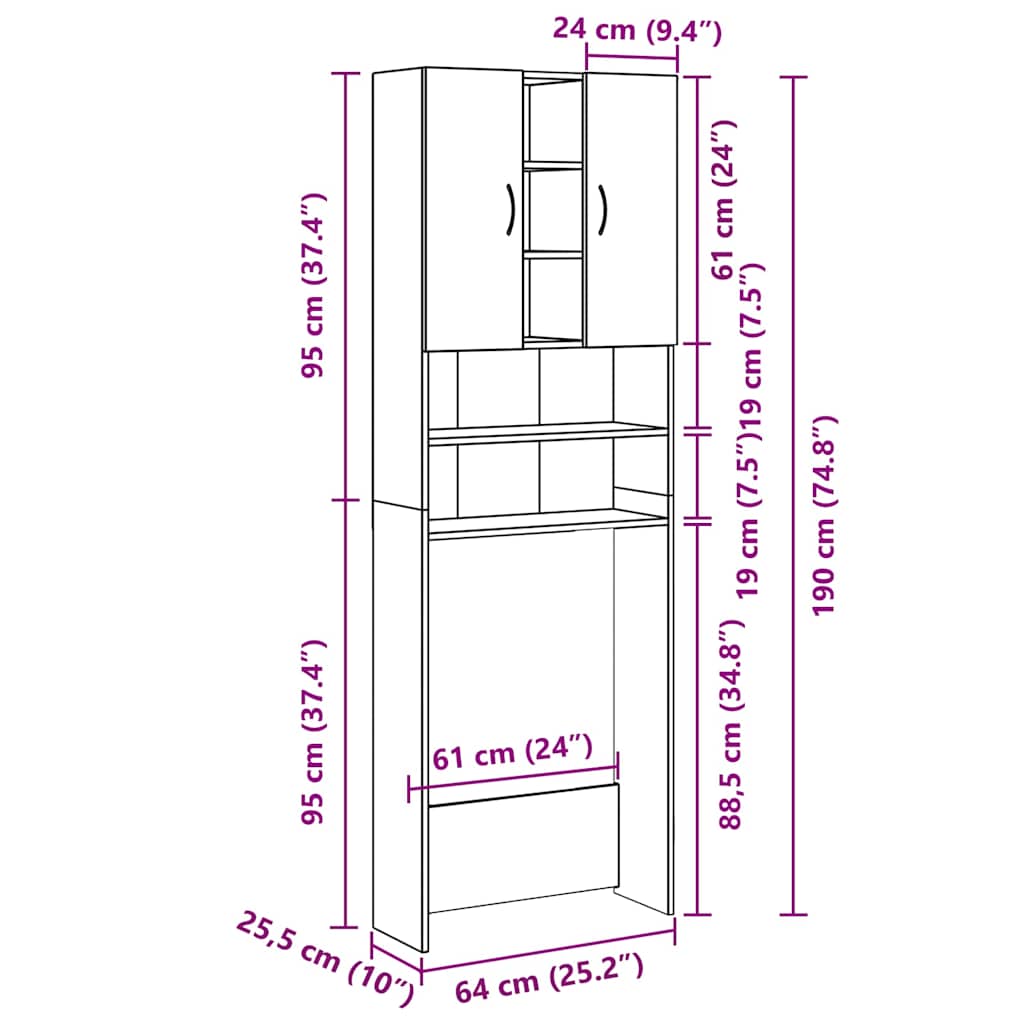 808426 vidaXL Washing Machine Cabinet Concrete Grey 64x25,5x190 cm