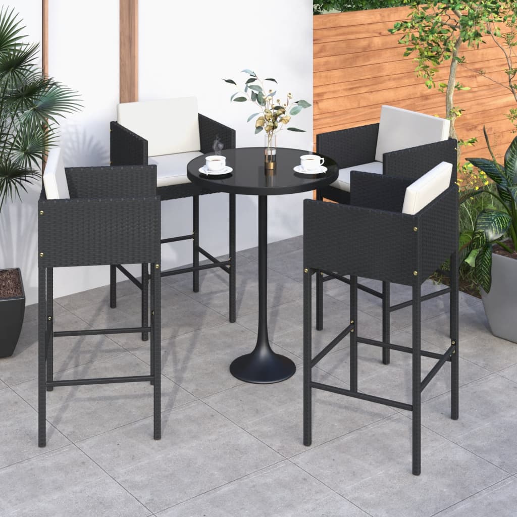 Bar Stool | Set of 4 | Black | Poly Rattan, Powder-Coated Steel