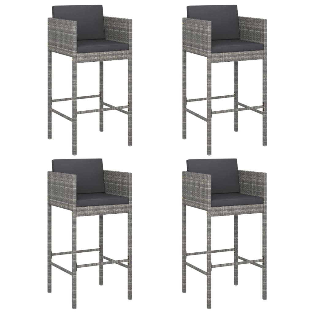 Comfortable Grey Poly Rattan Bar Stool with padded cushions, featuring a sturdy steel frame and designed for practical use in kitchens and patios.